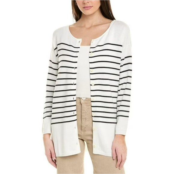 CABI Turnabout Button Up Cardigan Cream & Black Stripes Size M - Picture 2 of 12